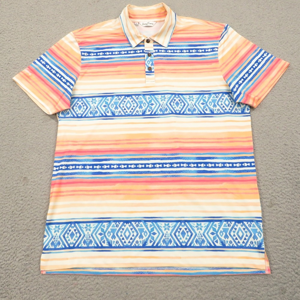 Kenny Flowers Mens Large Polo Shirt Blue Orange Tribal Aztec Print Golf Top
